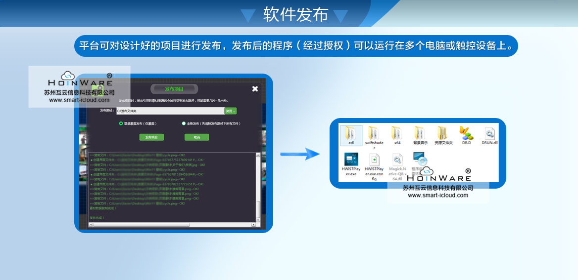 可對設(shè)計(jì)好的界面進(jìn)行一鍵發(fā)布，發(fā)布時會自動打包所有資源文件，將發(fā)布后的軟件包拷貝到其他電腦，一鍵自動安裝和部署